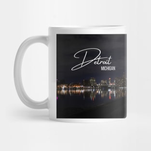 Downtown Detroit skyline at night / Detroit river photography at night Mug